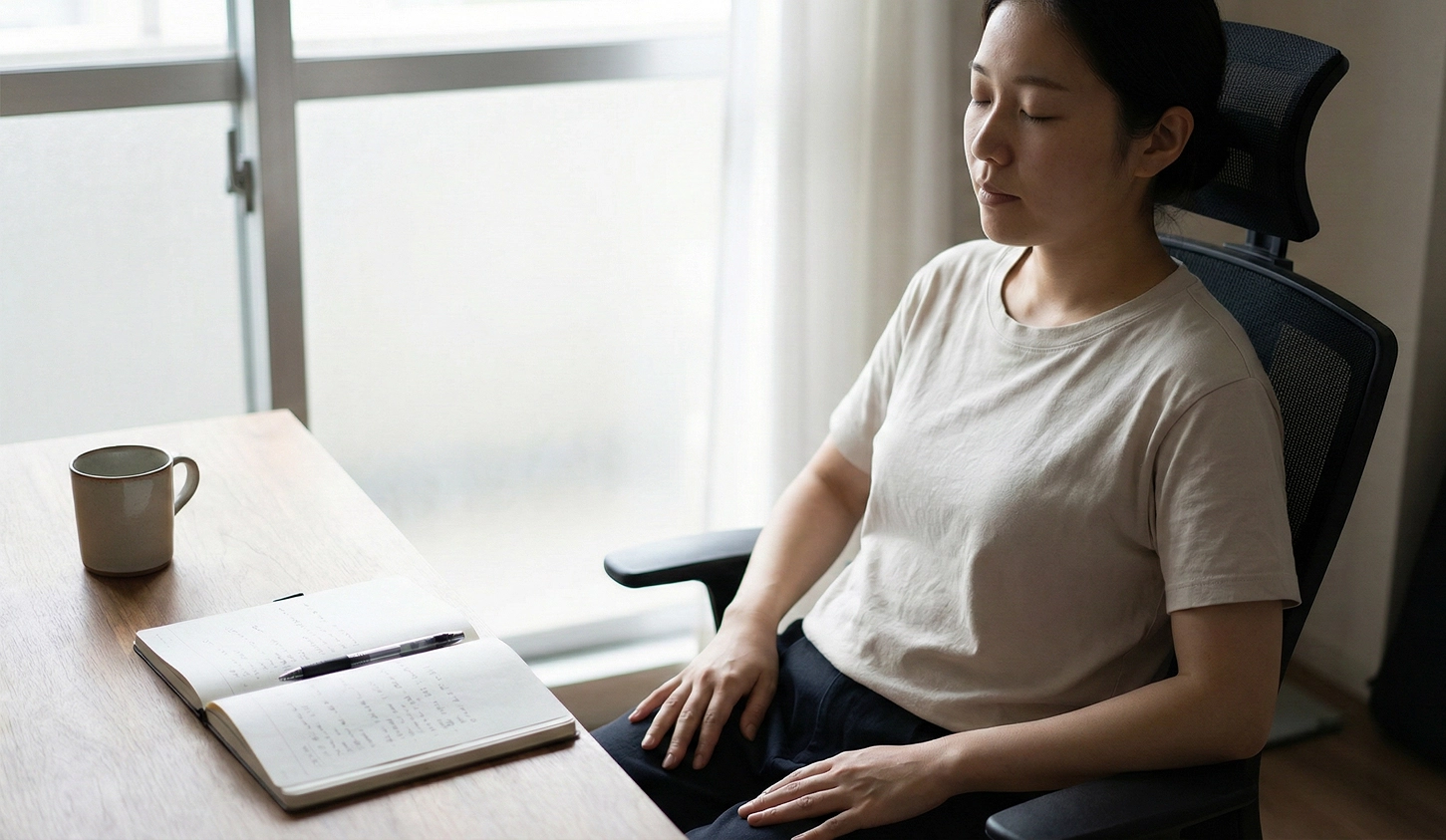 Illustration of mindful breathing at desk